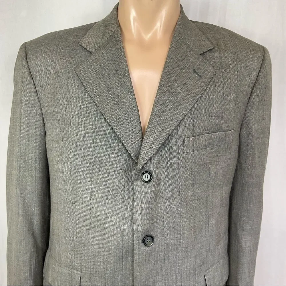 Yves Saint Laurent Vintage Gray Beige Wool 3 Button Front Blazer Coat Suit 54